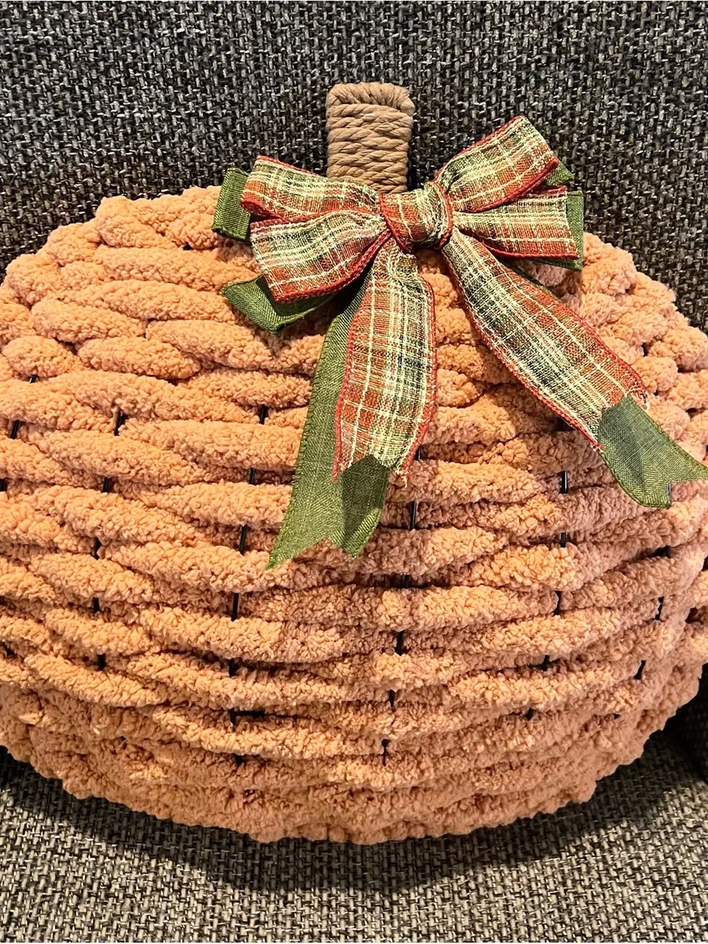 Cozy Orange Yarn Plush Pumpkin with Plaid Bow - Home Fall Decor